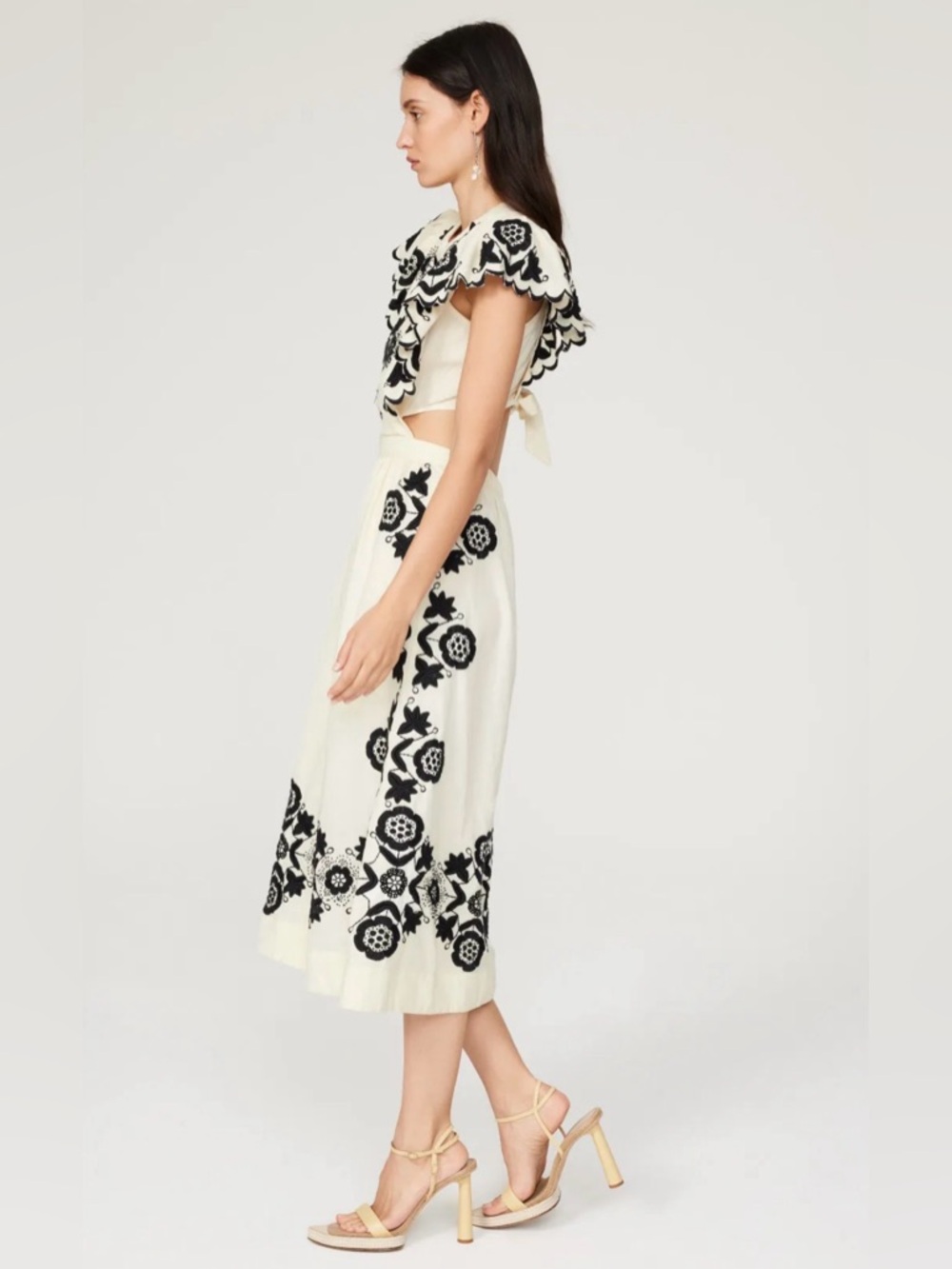 Sea New York Embroidered Midi Dress Ivory Black Floral Boho Dress - Picture 3 of 8